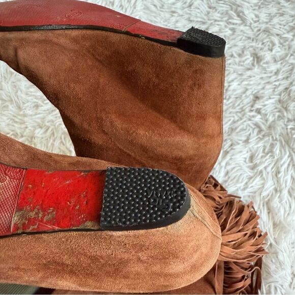 Christian Louboutin Cognac Brown Suede Wedge Boots with Fringe Size 37.5 - Picture 3 of 11